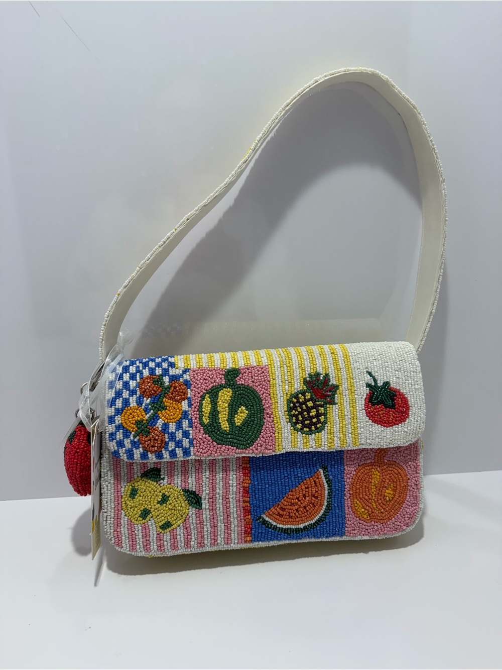 Viral Beaded Fruit Patch Shoulder Bag in Cream and Multicolor Handcrafted India